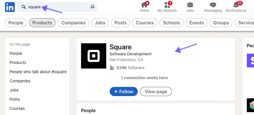 Screenshot of searching for the company on LinkedIn